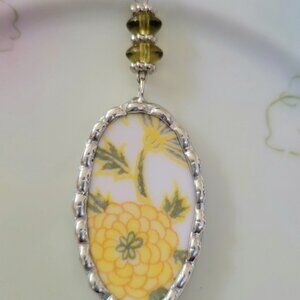 Yellow Chrysanthemum Broken China Pendant Necklace